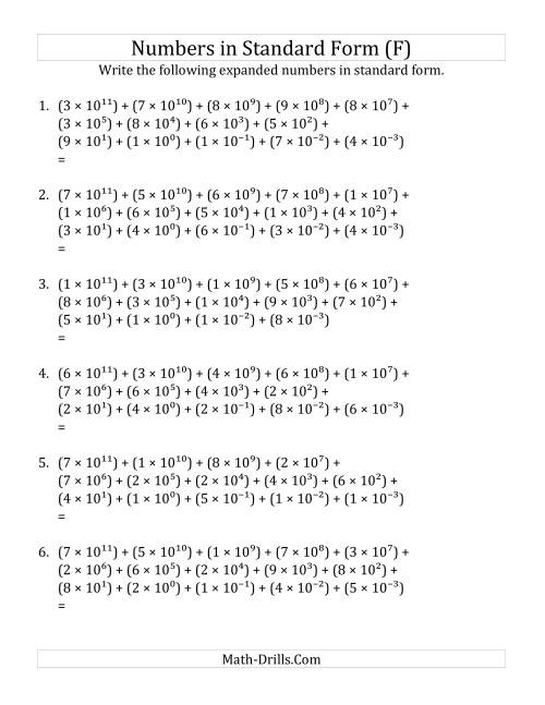 The Convert from Expanded to Standard Form (12 digits before decimal; 3 digits after) (F) Math Worksheet