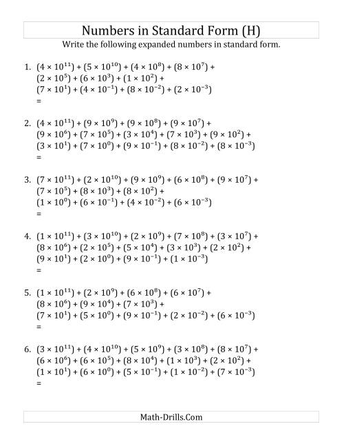 The Convert from Expanded to Standard Form (12 digits before decimal; 3 digits after) (H) Math Worksheet
