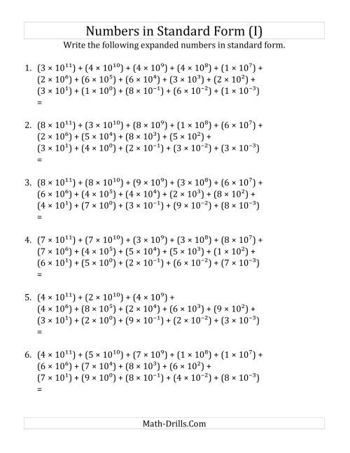 The Convert from Expanded to Standard Form (12 digits before decimal; 3 digits after) (I) Math Worksheet
