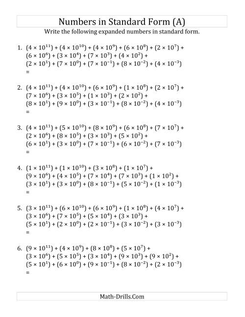 The Convert from Expanded to Standard Form (12 digits before decimal; 3 digits after) (All) Math Worksheet