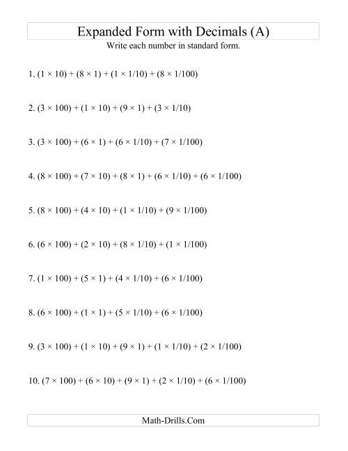 The Convert from Expanded to Standard From (3 digits before decimal; 2 digits after) (A) Math Worksheet