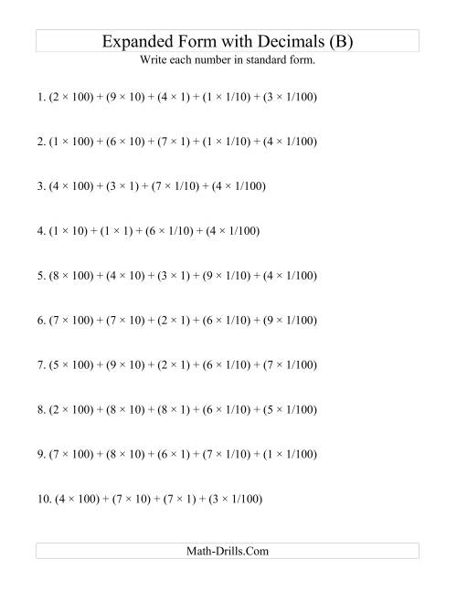 The Convert from Expanded to Standard From (3 digits before decimal; 2 digits after) (B) Math Worksheet