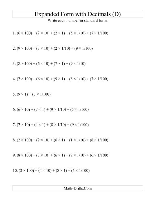 The Convert from Expanded to Standard From (3 digits before decimal; 2 digits after) (D) Math Worksheet