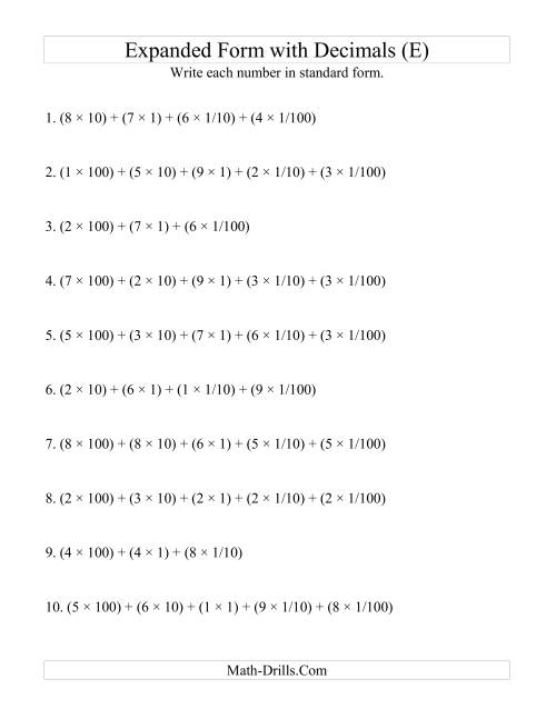 The Convert from Expanded to Standard From (3 digits before decimal; 2 digits after) (E) Math Worksheet