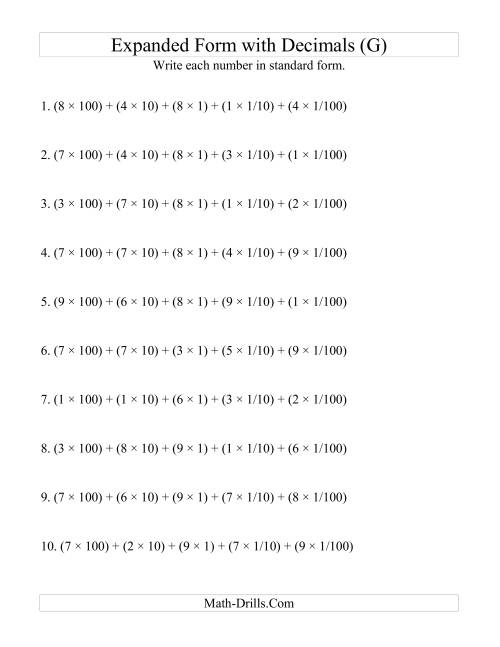 The Convert from Expanded to Standard From (3 digits before decimal; 2 digits after) (G) Math Worksheet