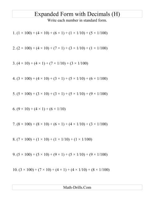 The Convert from Expanded to Standard From (3 digits before decimal; 2 digits after) (H) Math Worksheet