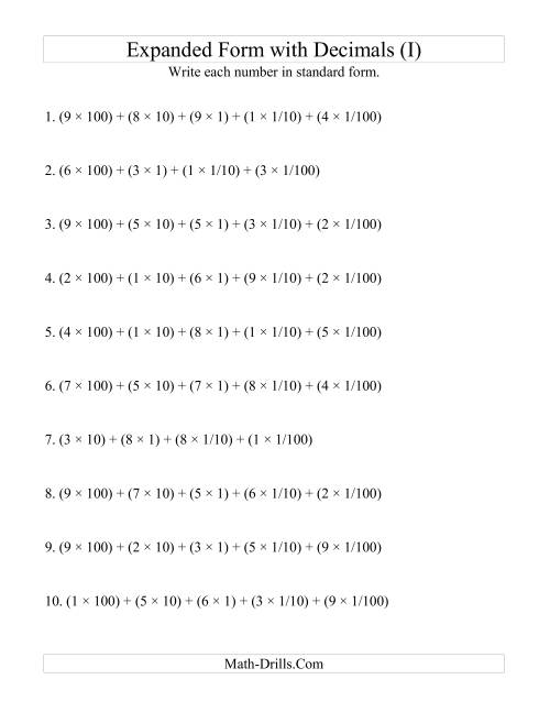 The Convert from Expanded to Standard From (3 digits before decimal; 2 digits after) (I) Math Worksheet