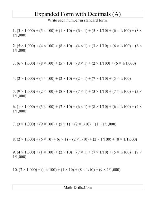 The Convert from Expanded to Standard From (4 digits before decimal; 3 digits after) (A) Math Worksheet