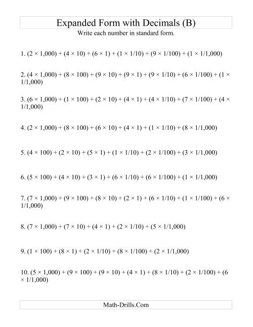 The Convert from Expanded to Standard From (4 digits before decimal; 3 digits after) (B) Math Worksheet