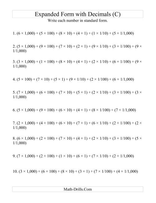 The Convert from Expanded to Standard From (4 digits before decimal; 3 digits after) (C) Math Worksheet