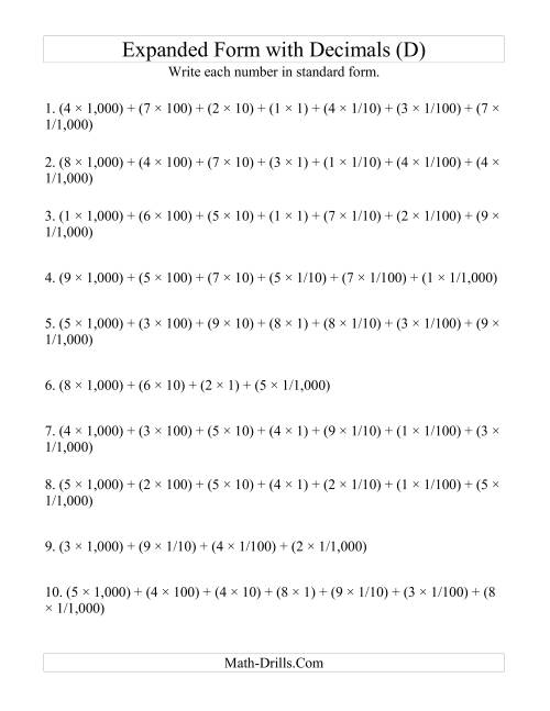 The Convert from Expanded to Standard From (4 digits before decimal; 3 digits after) (D) Math Worksheet