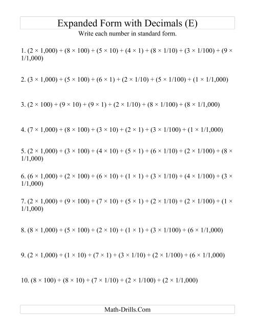 The Convert from Expanded to Standard From (4 digits before decimal; 3 digits after) (E) Math Worksheet