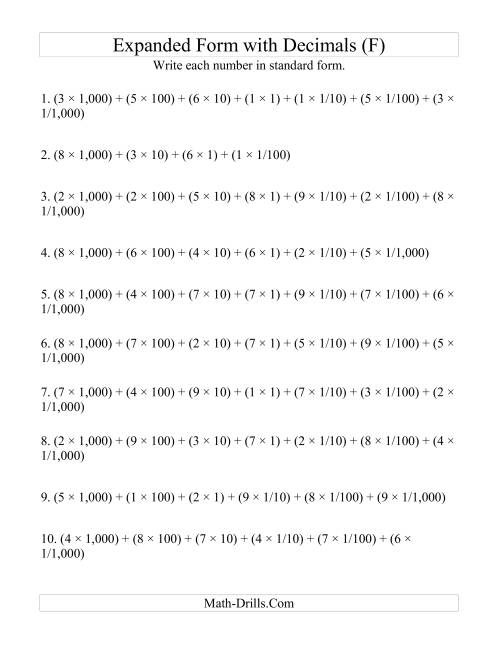The Convert from Expanded to Standard From (4 digits before decimal; 3 digits after) (F) Math Worksheet