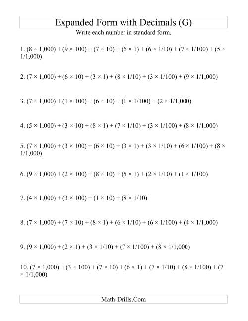 The Convert from Expanded to Standard From (4 digits before decimal; 3 digits after) (G) Math Worksheet