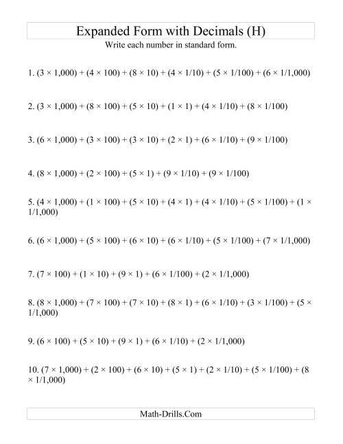 The Convert from Expanded to Standard From (4 digits before decimal; 3 digits after) (H) Math Worksheet