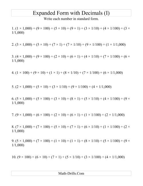 The Convert from Expanded to Standard From (4 digits before decimal; 3 digits after) (I) Math Worksheet