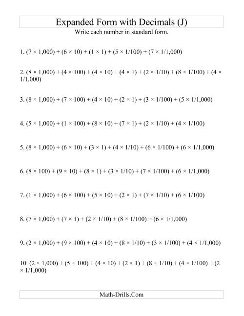 The Convert from Expanded to Standard From (4 digits before decimal; 3 digits after) (J) Math Worksheet