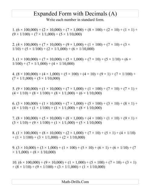 The Convert from Expanded to Standard From (6 digits before decimal; 4 digits after) (A) Math Worksheet
