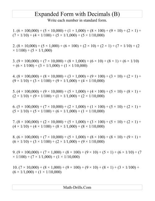 The Convert from Expanded to Standard From (6 digits before decimal; 4 digits after) (B) Math Worksheet