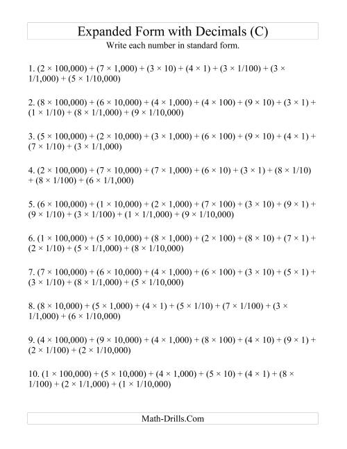 The Convert from Expanded to Standard From (6 digits before decimal; 4 digits after) (C) Math Worksheet