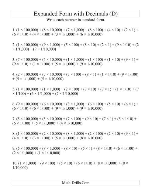 The Convert from Expanded to Standard From (6 digits before decimal; 4 digits after) (D) Math Worksheet