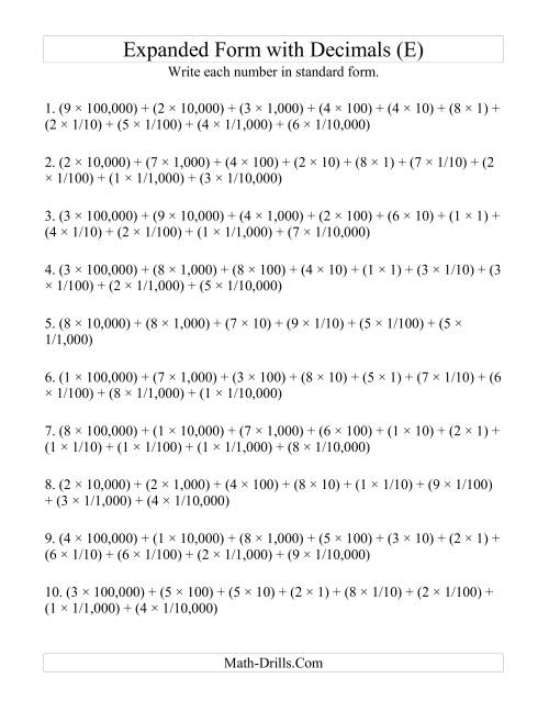 The Convert from Expanded to Standard From (6 digits before decimal; 4 digits after) (E) Math Worksheet