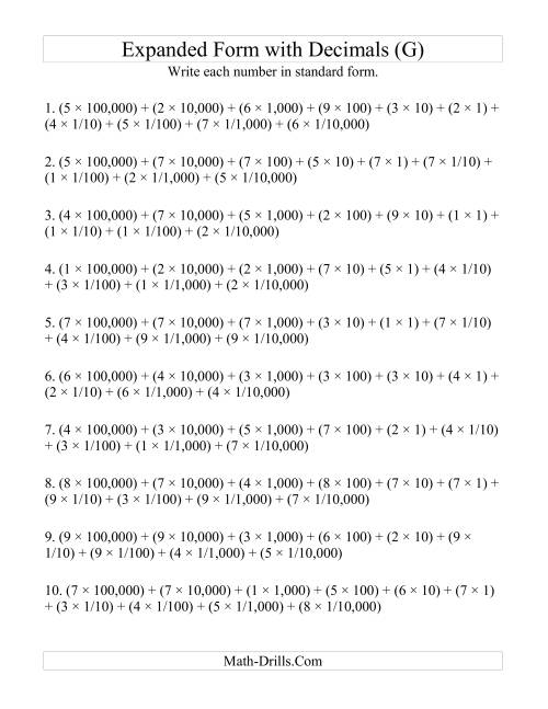 The Convert from Expanded to Standard From (6 digits before decimal; 4 digits after) (G) Math Worksheet