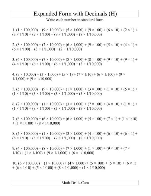 The Convert from Expanded to Standard From (6 digits before decimal; 4 digits after) (H) Math Worksheet