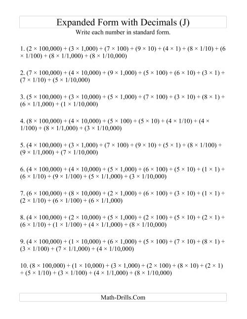 The Convert from Expanded to Standard From (6 digits before decimal; 4 digits after) (J) Math Worksheet