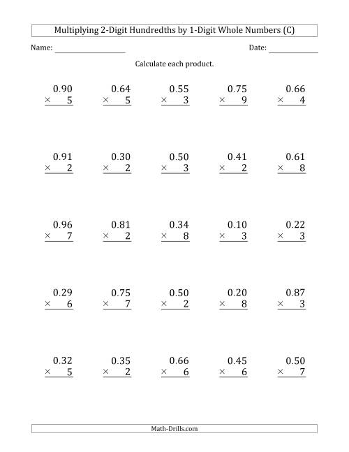 The Multiplying 2-Digit Hundredths by 1-Digit Whole Numbers (C) Math Worksheet