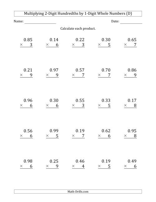 The Multiplying 2-Digit Hundredths by 1-Digit Whole Numbers (D) Math Worksheet