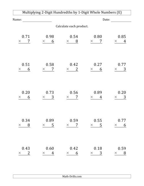 The Multiplying 2-Digit Hundredths by 1-Digit Whole Numbers (E) Math Worksheet
