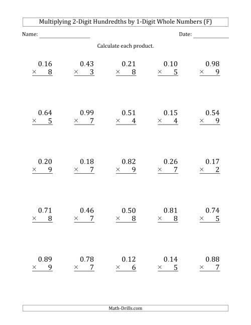 The Multiplying 2-Digit Hundredths by 1-Digit Whole Numbers (F) Math Worksheet