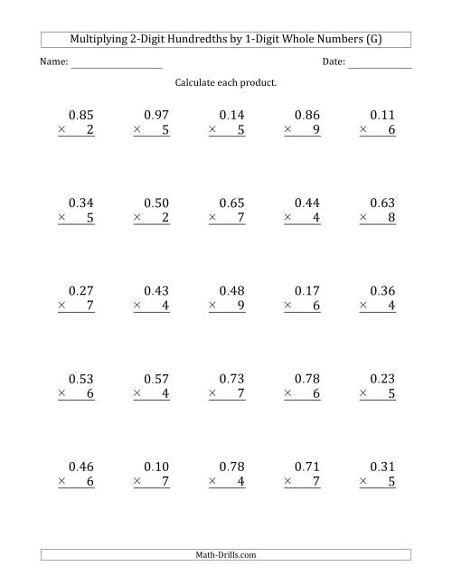 The Multiplying 2-Digit Hundredths by 1-Digit Whole Numbers (G) Math Worksheet