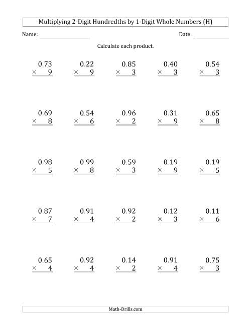 The Multiplying 2-Digit Hundredths by 1-Digit Whole Numbers (H) Math Worksheet