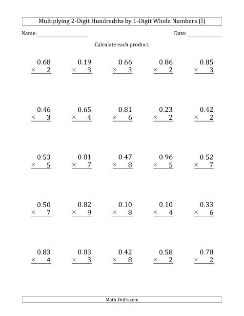 The Multiplying 2-Digit Hundredths by 1-Digit Whole Numbers (I) Math Worksheet