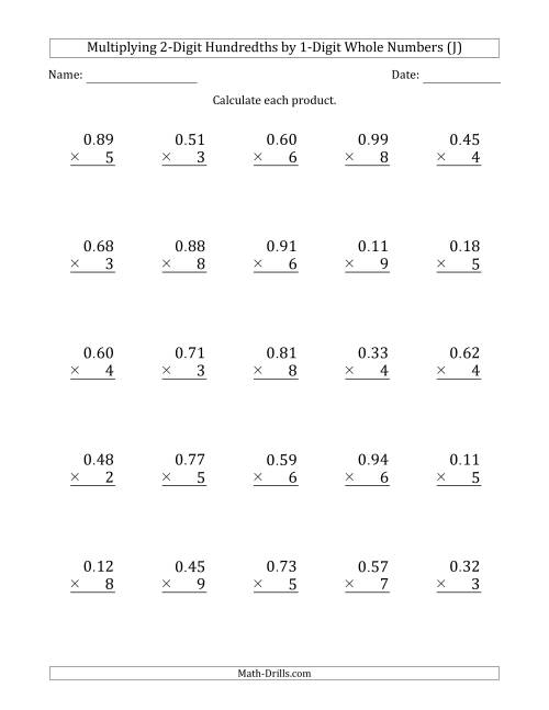 The Multiplying 2-Digit Hundredths by 1-Digit Whole Numbers (J) Math Worksheet