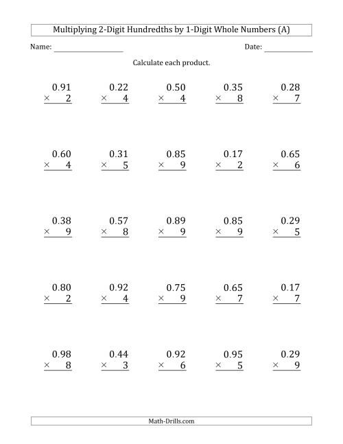 The Multiplying 2-Digit Hundredths by 1-Digit Whole Numbers (All) Math Worksheet