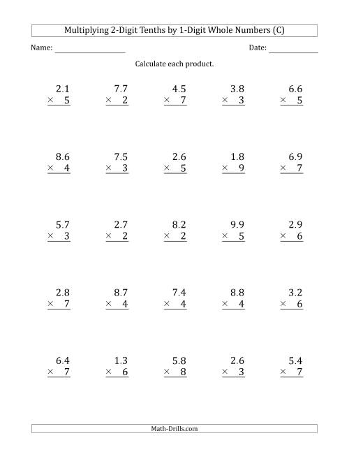 The Multiplying 2-Digit Tenths by 1-Digit Whole Numbers (C) Math Worksheet