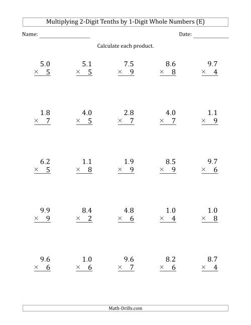 The Multiplying 2-Digit Tenths by 1-Digit Whole Numbers (E) Math Worksheet