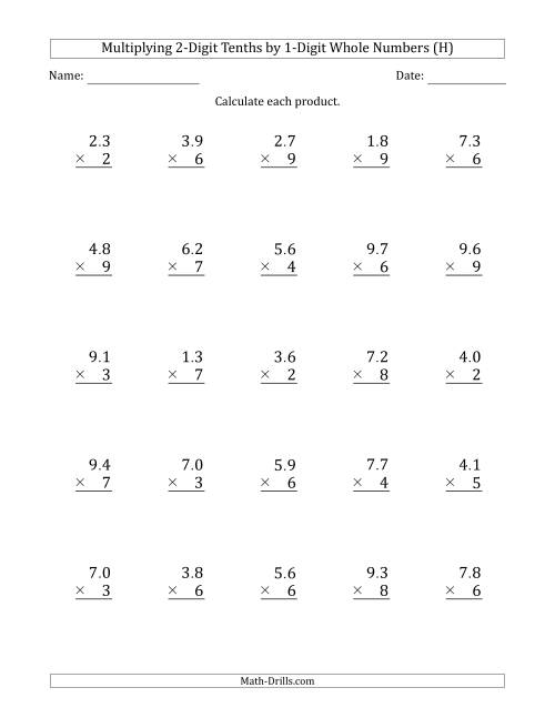 The Multiplying 2-Digit Tenths by 1-Digit Whole Numbers (H) Math Worksheet