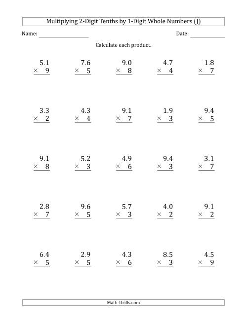 The Multiplying 2-Digit Tenths by 1-Digit Whole Numbers (J) Math Worksheet
