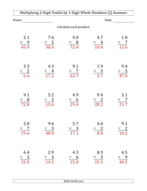 The Multiplying 2-Digit Tenths by 1-Digit Whole Numbers (J) Math Worksheet Page 2