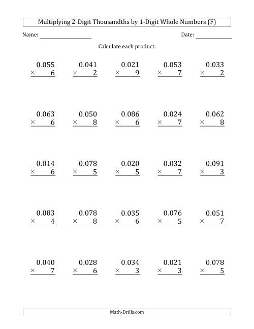 The Multiplying 2-Digit Thousandths by 1-Digit Whole Numbers (F) Math Worksheet