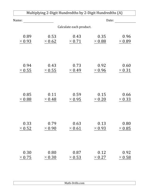 The Multiplying 2-Digit Hundredths by 2-Digit Hundredths (A) Math Worksheet