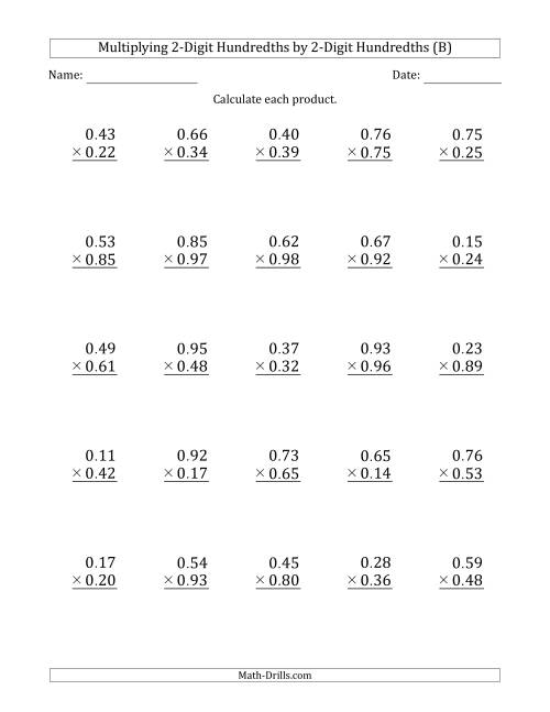 The Multiplying 2-Digit Hundredths by 2-Digit Hundredths (B) Math Worksheet