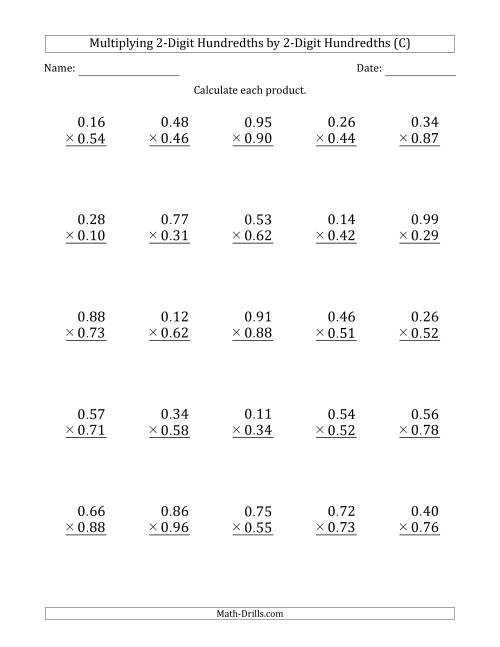 The Multiplying 2-Digit Hundredths by 2-Digit Hundredths (C) Math Worksheet
