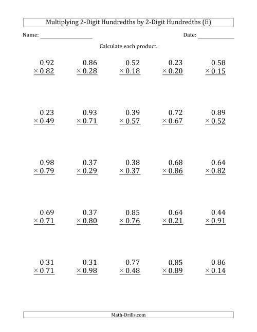 The Multiplying 2-Digit Hundredths by 2-Digit Hundredths (E) Math Worksheet
