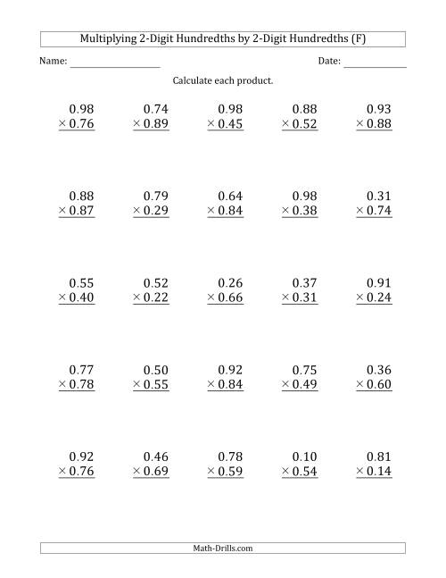 The Multiplying 2-Digit Hundredths by 2-Digit Hundredths (F) Math Worksheet