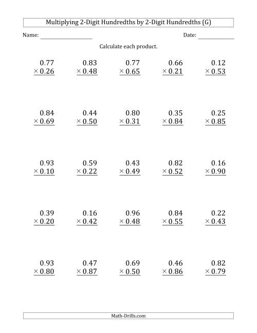 The Multiplying 2-Digit Hundredths by 2-Digit Hundredths (G) Math Worksheet